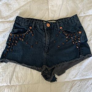 Topshop Moto High Waisted Denim Shorts with Studs